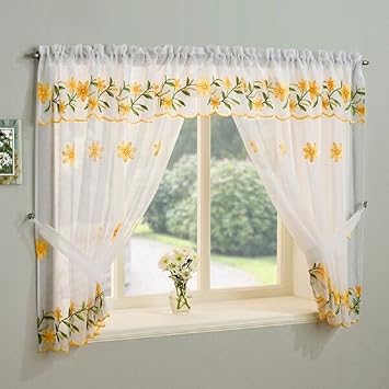 conjunto de cortinas de margaritas tyrone color amarillo bordado amarillo para ventana ranura superior con bolsillo para varilla poliester