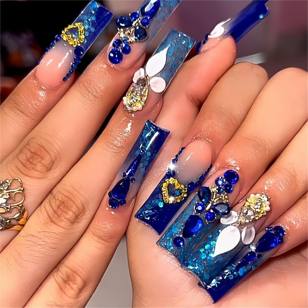 Photo 1 of QQPPOLIU Royal Blue Press on Nails Long Length Square Shape Acrylic Fake Nails with Rhinestones Designs False Nails Mother'S Day Gift 24pcs