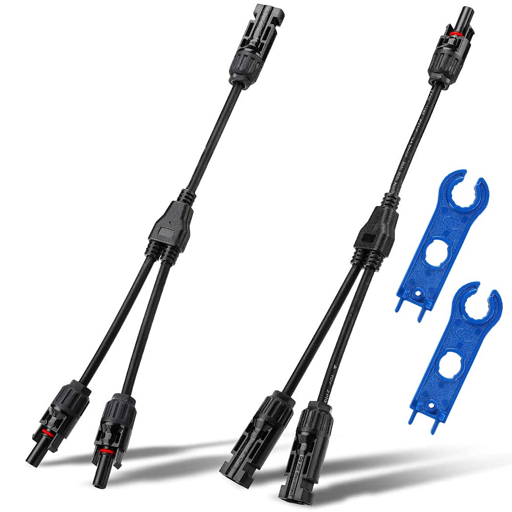 MMOBIEL 2x Solar Panel Connectors Y-Branch Parallel Adapter Cable Wire Plug And Play 30cm / 1 Ft Incl. 2x Solar Connector Spanner Wrench