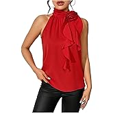 WDIRARA Women's 3D Floral Sleeveless Blouse Ruffle Tank Top Work Dressy Shirt