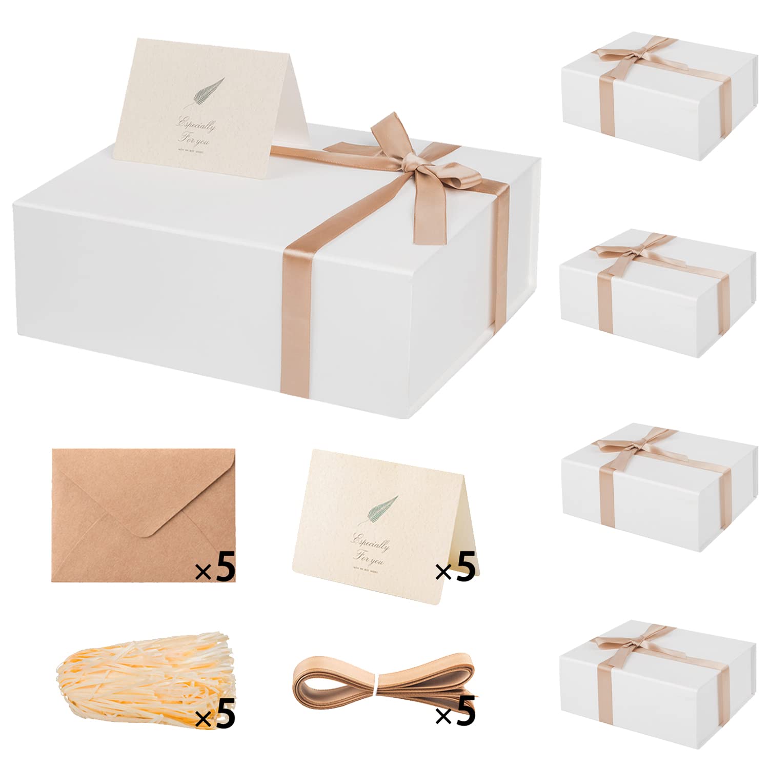 Photo 1 of LIFELUM Christmas Gift Boxes with Lids for Presents 5 Pack White Gift Boxes 13.85 x 8.35 x 4.45 inch Large Gift Box Contains Card,Sticker,Ribbon, Shredded Paper Filler for Anniversary, Weeding Gifts