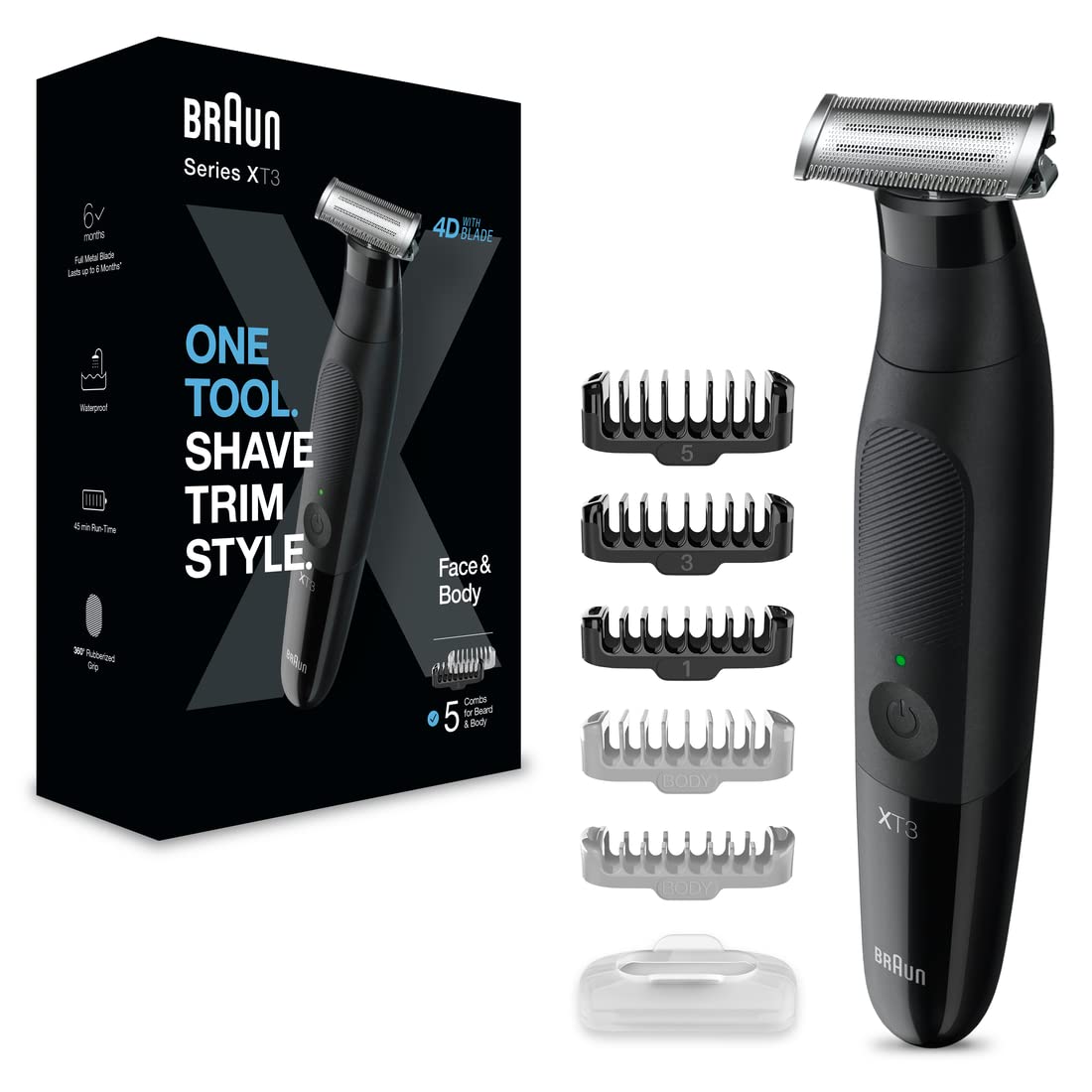Braun Series X, Tondeuse Hybride Électrique Pour Hommes, Visage Et Corps, Avec 5 Peignes, Lame 4D Innovante, + Rasoir Pour Le Corps Avec Sabot Bidirectionnel Et Tête Flexible Pour Un Rasage Rap