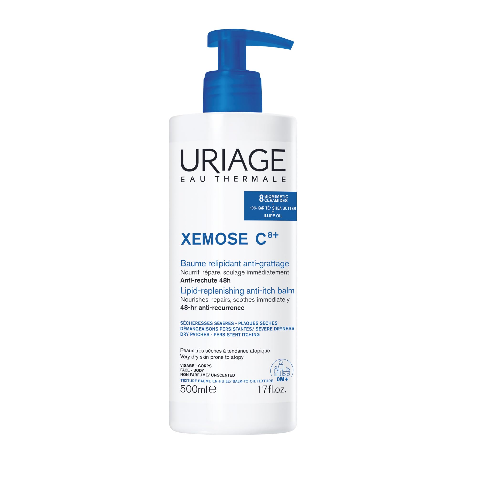 Uriage Xemose C8+ Lipid-replenishing Anti-itch Balm 500ml - Nourishes, Repairs, Soothes - Very Dry Skin Prone to Atopic Eczema - 8 Biomimetic Ceramides & 10% Shea Butter - Face & Body - Fragrance-Free