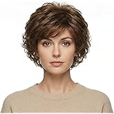 Beweig Short Wavy Brown Wigs for Women Fluffy Wavy Layered Wigs Synthetic Heat Resistant Halloween Cosplay Hair Wig with Wig Cap,Auburn Brown