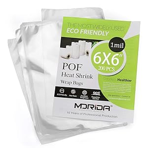 MORIDA 200 pcs 6X6 inch POF Heat Shrink Wrap Bags 100 Gauge, Softer, Clear Film for Bath Bombs, Soaps, Cookies, and DIY Handmade Crafts, Odorless, Non-Toxic, Food Safety Quality, ECO - Friendly