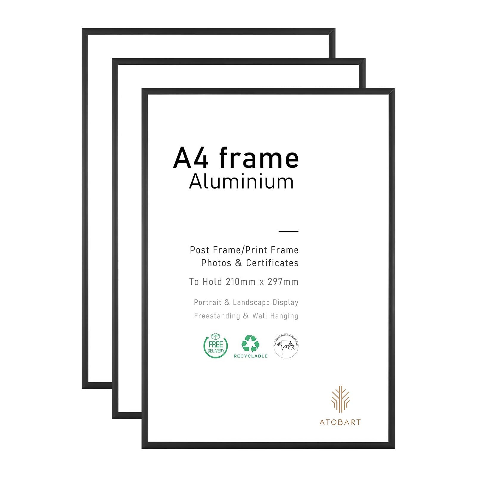 A4 Photo Frame, 3 Pack-21x30cm Black Aluminium Picture Frame,Certificate Frame for Wall Mount or Table Top Display (Black Aluminium)