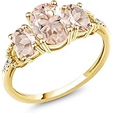 Gem Stone King 2.04 Cttw 10K Yellow Gold Peach Morganite and Accent Diamond 3-Stone Engagement Ring | 3 Stone Wedding Anniversary Promise Gold Ring For Women