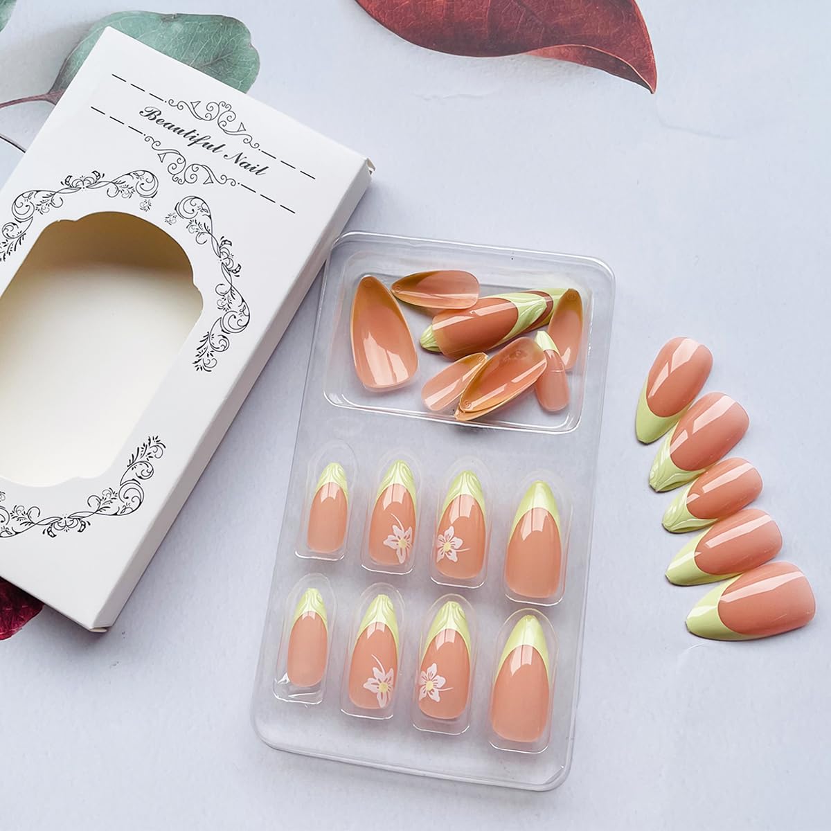 24Pcs Spring Press on Nails Almond Medium French Tip Fake Nails Cute Flowers Designs 3D Green Nail Tips Almond Shaped Acrylic Nails Full Cover Reusable Stick on Nails False Nails for Women Girls - Image 4