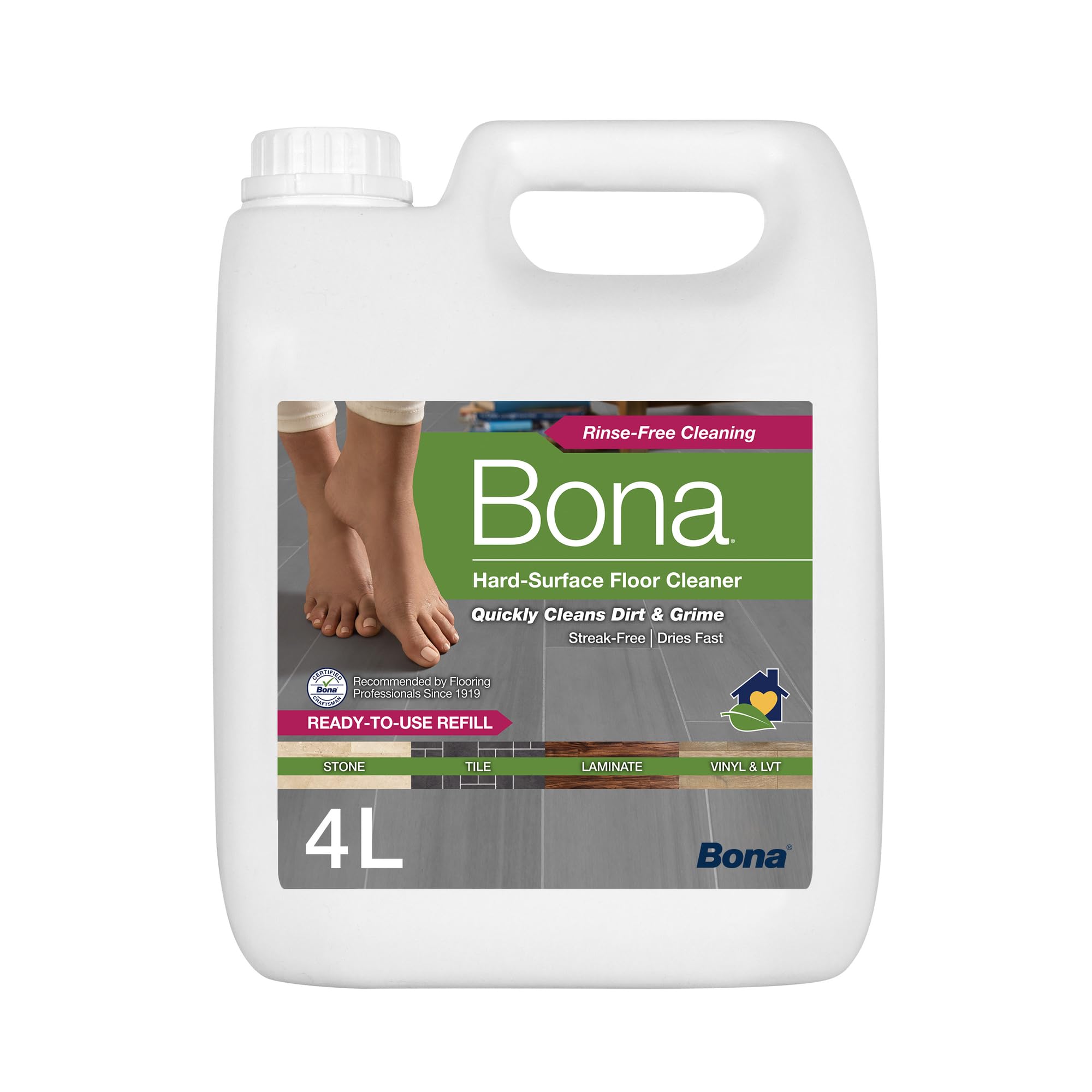 Bona Hard-Surface Floor Cleaner Liquid - for Stone, Tile, Laminate, LVT, Marble - 4 Litre Refill