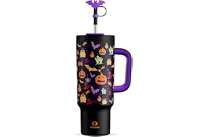 ENCOOL 40 oz Halloween Tumbler with Handle and Straw, 100% Leakproof Tumbler with Lid and Straw, Stainless Steel Travel Mug, Keeps Cold for 34 Hours, Car Cup Holder Friendly (Bat Pumpkin)