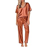Ekouaer Satin Pajama Set for Women Short Sleeve Silky Pjs 2 Piece Lounge Sets Soft Comfy Sleepwear Loungewear S-XXL