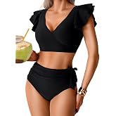ChiaoLezhee Women's Ruffle Bikini Sets Color Block High Waisted Swimsuits | Flutter Sleeve / Decorative Bow / Tummy Control / Perfect for: Vacation, Beach Side, Pool Party
