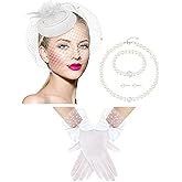 Geyoga 5 Pcs Vintage Fascinators Hat for Women Tea Party Hat and Lace Glove Set Veil Headband Pearl Jewelry for 1920s Party