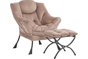 SESHINELL Lazy Chair with Ottoman, Modern Accent Chair Contemporary Lounge Leisure Sofa Chair with Armrests, Reading Chair and Folding Footstool Set for Living Room, Bedroom, Office, Khaki