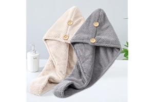 2 Pack Microfiber Hair Towel Wrap for Women, Super Absorbent, Fast Drying Hair Turban, Hair Drying Towel with Button(Beige, G