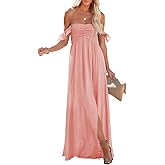 Happy Sailed Women's 2025 Summer Smocked Off The Shoulder Maxi Dresses Ruffle Short Sleeve A Line Side Slit Sundress