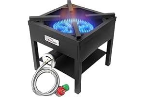 COOKAMP High Pressure Banjo 1-Burner Outdoor Propane Gas Cooker 260000 BTU with 0-30 PSI Adjustable Regulator and Steel Braided Hose For Outdoor Cooking Turkey Fry (BALCK) SA1750