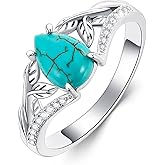 DOLIOX Real Turquoise Rings Jewelry for Women 925 Sterling Silver Leaf with Genuine Teardrop Gemstone Anniversary Ring with CZ for Her Wife