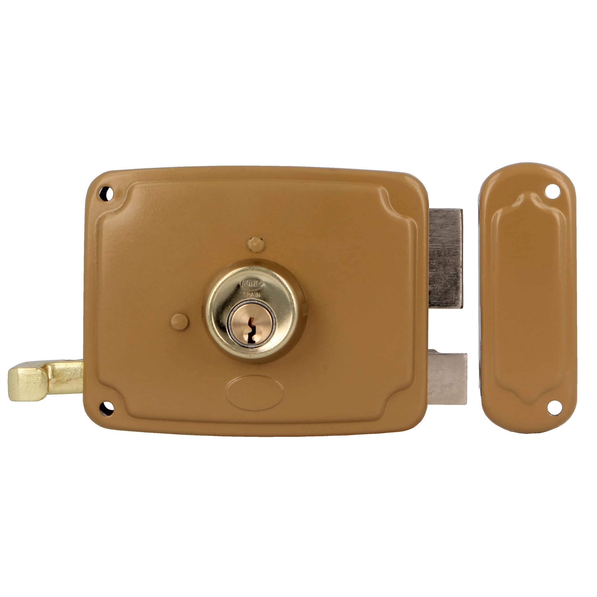 Amig - Surface-Mounted Right Lock with Closing Lever, Latch, and Handle | Made of Gold-Plated Steel | Dimensions: 120 x 95 mm | Ideal for Entry or Interior Wooden Doors.