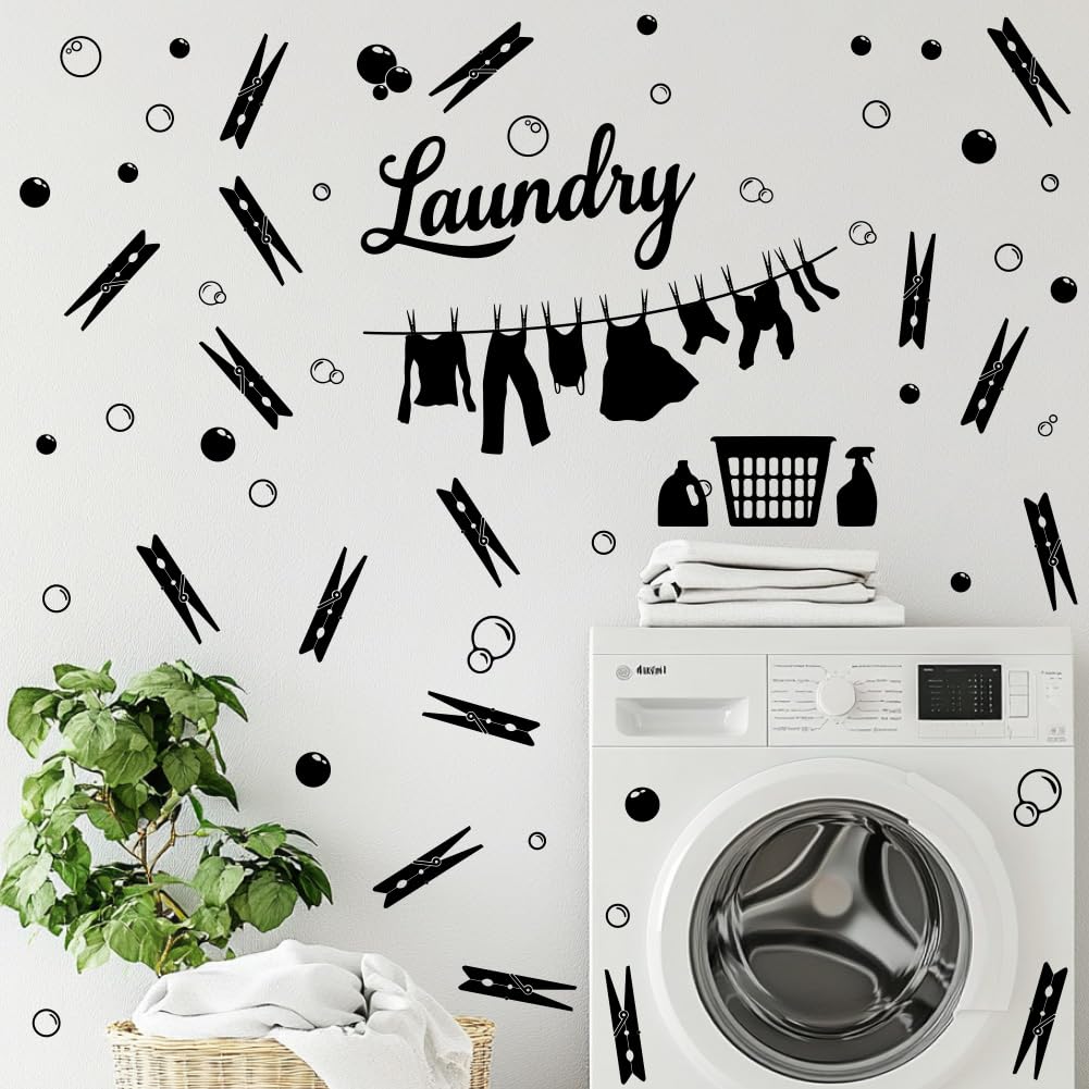 SUPERDANT Laundry and Bubble Wall Stickers Clip and Clothes Wall Decals Art Murals Decoration Laundry Room Decor for Laundry Room Home Living Room Bedroom