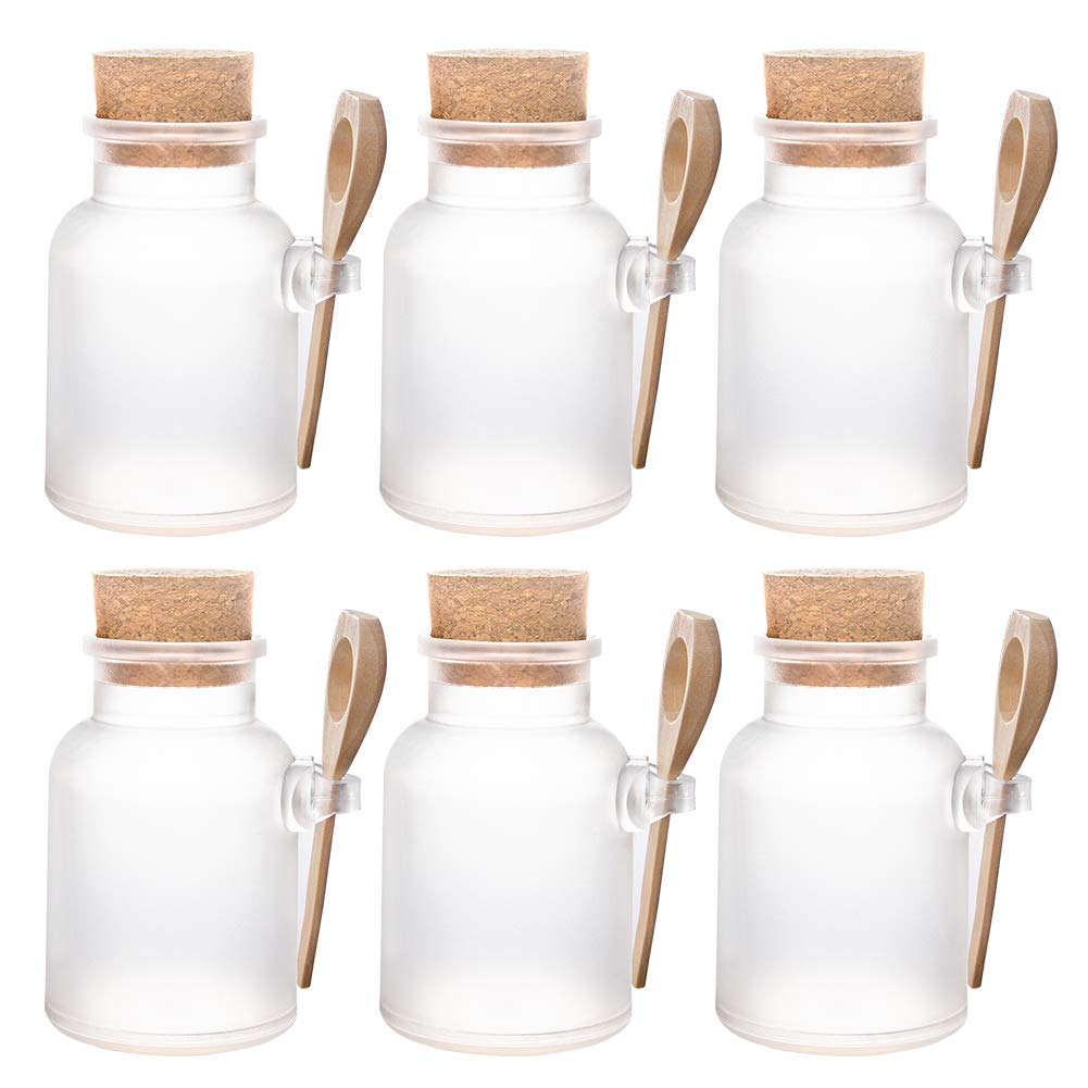 BENECREAT 6 Pack 100ml Matte Plastic Bath Salt Bottle Jar Empty Kitchen Storage Containers Jars with Cork and Spoon, 1PC Label for Spices, Salt, Body Care