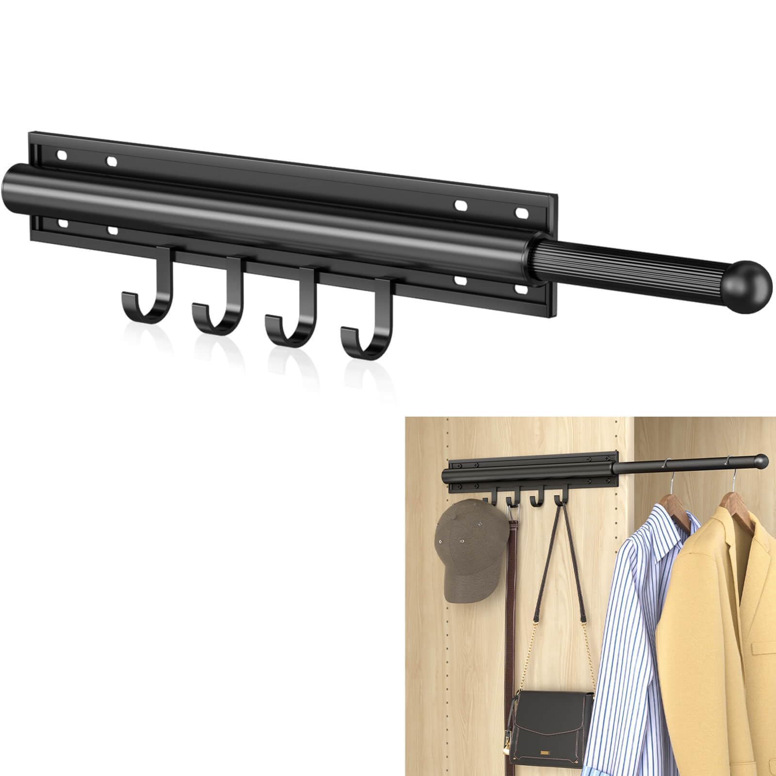Photo 1 of 12 Inch Valet Rod for Closet Pull Out, Retractable Closet Rod for Hanging Clothes with 4 Hooks, Slide Out Valet Rod for Closet, Laundry Room, Bedroom(Black)