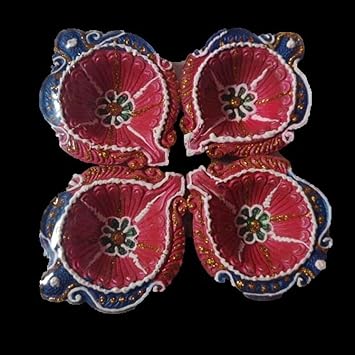 AccessHer Diwali Diyas for Decoration - Pack of 4 Large Size Clay Diyas Handmade and Handpainted Decorative Terracotta Diyas