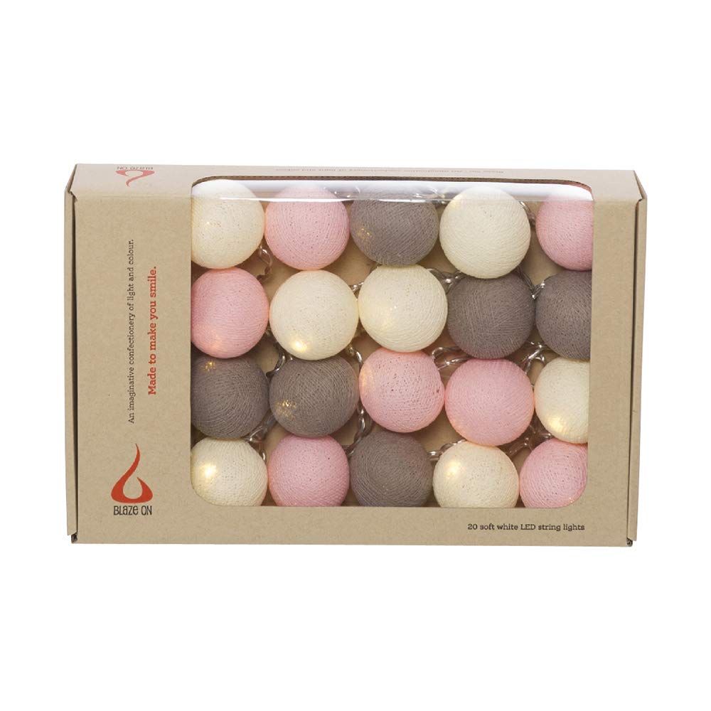 Blaze On Ambient Ball Fairy Lights (Metro Neapolitan) – 20 Warm White LED Lights – Hand–Spun Cotton Balls – USB Powered and Includes UK 3–Pin USB Adapter – Indoor Decorative String Lights