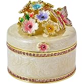 FJ FENGZHIJIE Enamel Flower & Butterfly Trinket Box, Crystal Embellished Jewelry Storage, Hand Painted Round Case for Rings/Earrings, Ideal for Home Decor & Gifting