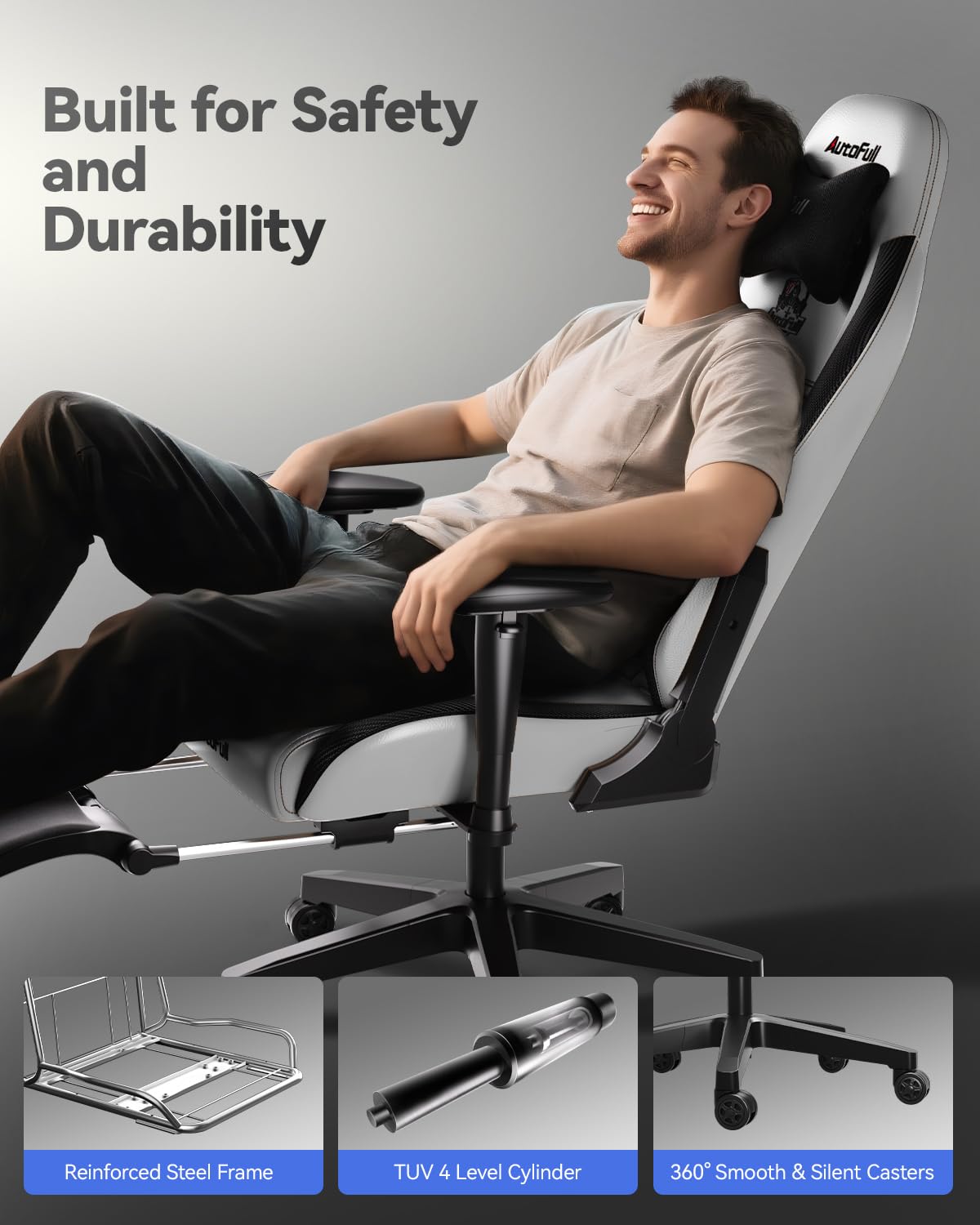 AutoFull C3 Gaming Chair PC Chair with Ergonomics Lumbar Support, Racing Style PU Leather High Back Adjustable Swivel Task Chair with Footrest ,Grey