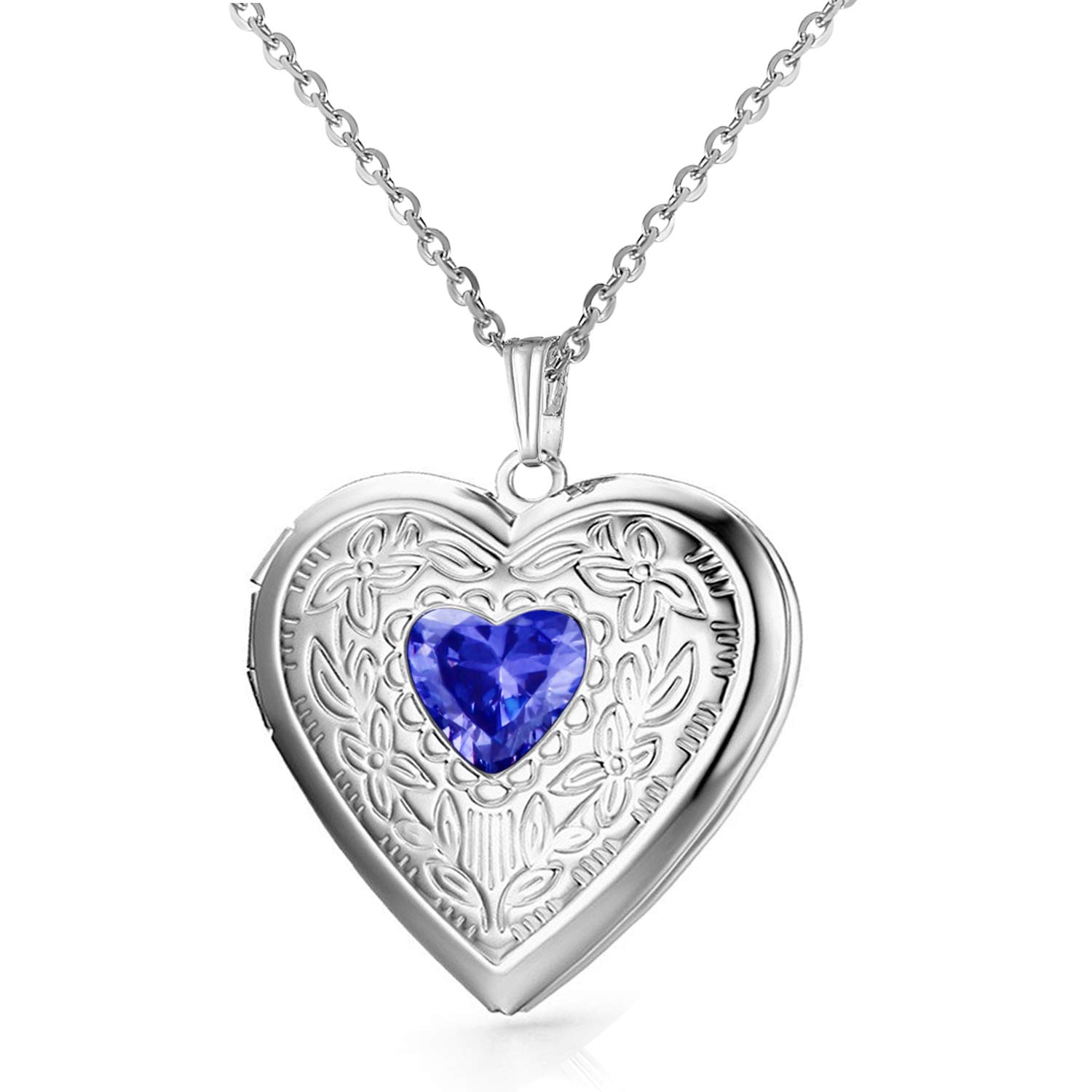 Birthstones Locket Necklace that Holds Pictures Love Heart Photo Locket Crystals Necklace Pendant Birthday Gifts (September)