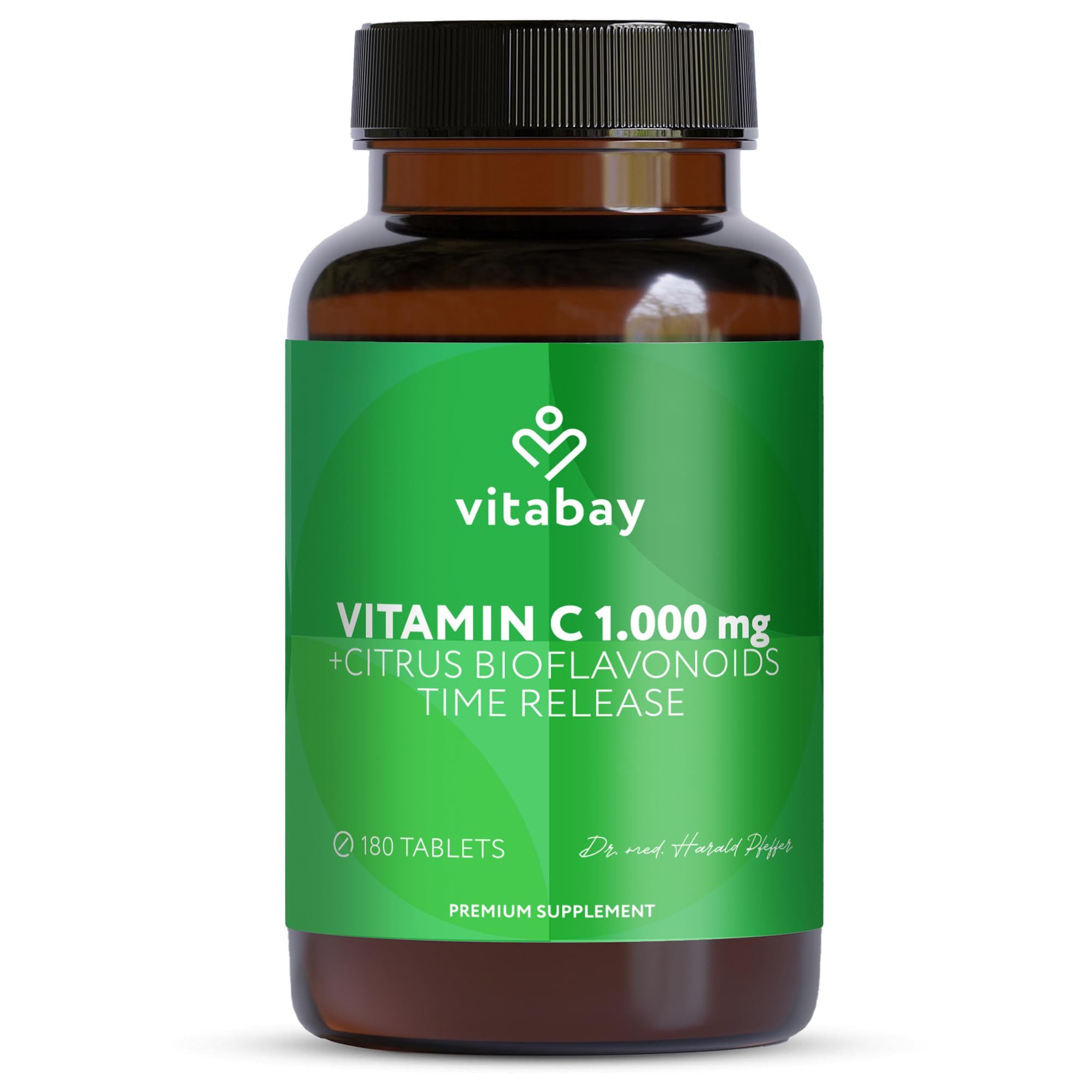 Vitabay Vitamin C 1000mg - 180 Vegan Slow Release Vitamin C Tablets - Buffered VIT with Citrus Bioflavonoids (50mg) - Natural from Plant Fermentation with Acacia Fibers - Laboratory Tested