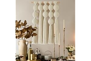 Macrame Wall Hanging with Geometric Yarn Spheres, Handwoven Cotton Tassel Art for Boho Bedroom or Living Room Wall Decor 15.7