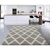 Sweet Home Stores Cozy Shag Collection Moroccan Trellis Design Shag Rug Contemporary Living & Bedroom Soft Shaggy Area Rug,   Grey & Cream,  94
