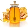 TOFOAN Honey Jar with Dipper and Lid Cover Crystal Beehive Glass Honey Pot for Home Kitchen Store Honey and Syrup, Clear Gorgeous Bee Decor, Honey Container 17 Oz (Honey Jar)