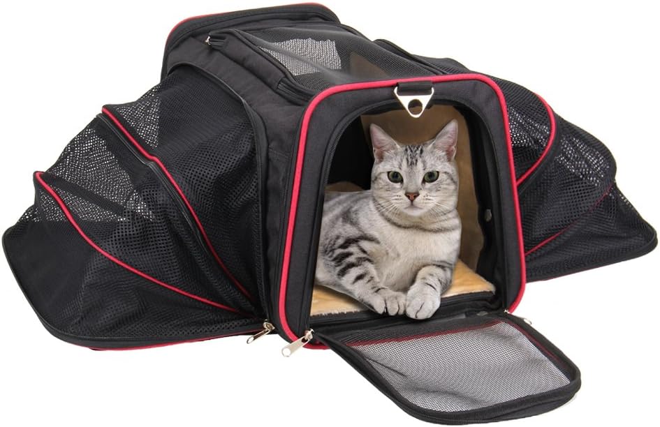 KiddyWoof Pet Carrier Fabric Fleece Mat Soft-Sided- Medium (45.7 x 31.1 x 8.8 cm), Black, Dog Rabbit Cat Carrier Foldable Expandable Case comfortable