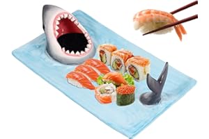 Shark Sushi Plate - 13×8×4 in Ceramic Sushi Plate with Integrated Soy Sauce Dish and Chopstick Rest, Dishwasher Safe Lead-Fre