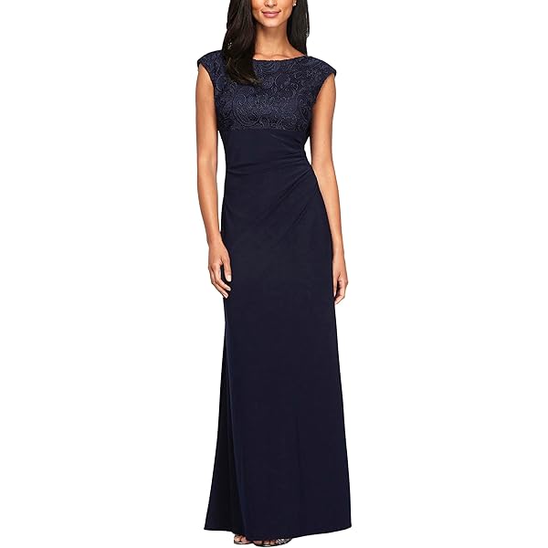 slim fit dress slacks Alex Evenings Petite Sequined Embroidered Gown & Shawl, Navy, Size 14p