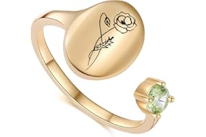 SLOONG Handmade Birth Month Flower Signet Ring 14K Gold Plated Ring Birth Stone Ring Birthday Valentine's Christmas Gift for Mom Daughter Girlfriend Wife