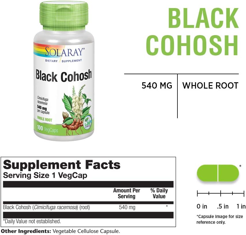 Solaray Black Cohosh 540 mg | Womens Health & Menopause Support Supplement | Whole Root | Non-GMO, Vegan & Lab Verified | 100 VegCaps: Health & Personal Care