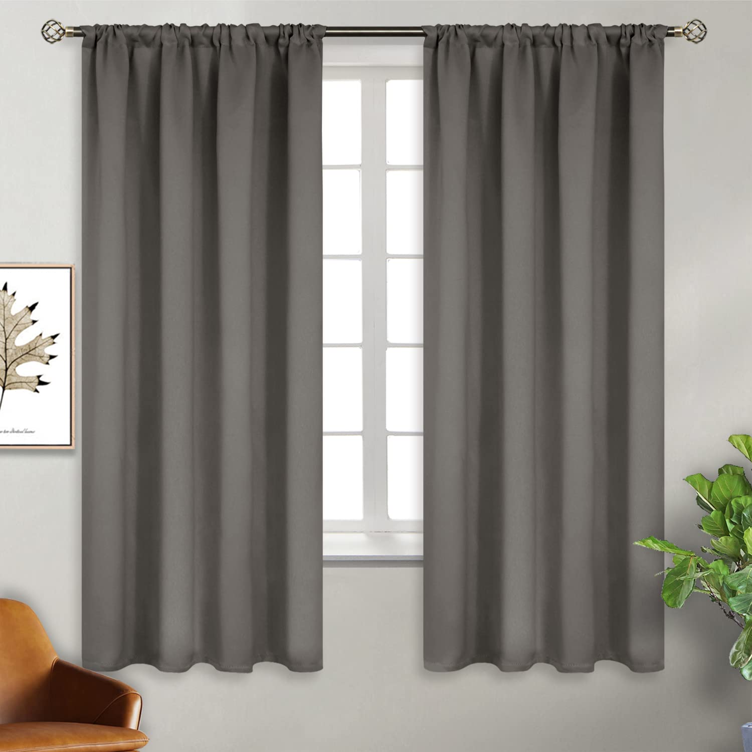 BGment Rod Pocket Blackout Curtains for Bedroom 63 Inches Length - Thermal Insulated Room Darkening Curtain for Living Room, 42 x 63 Inch, 2 Panels, Grey Image