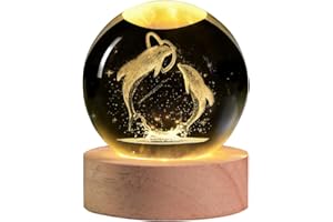 QIANCHANG 3D Laser Engraved Dolphin Crystal Ball, Romantic Dolphin & Heart LED Night Light, 60mm Sea Animal Figurines Decor Glass Sphere Lamp Gifts for Women Kids Mom