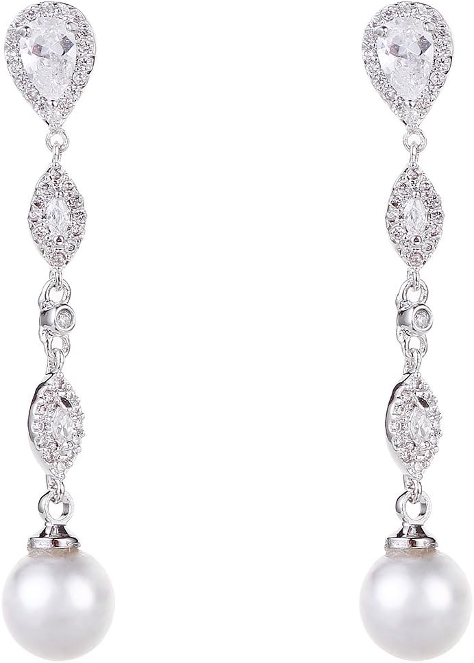 Pear CZ Long Wedding Earrings with Genuine Shell Pearl Drops Earrings