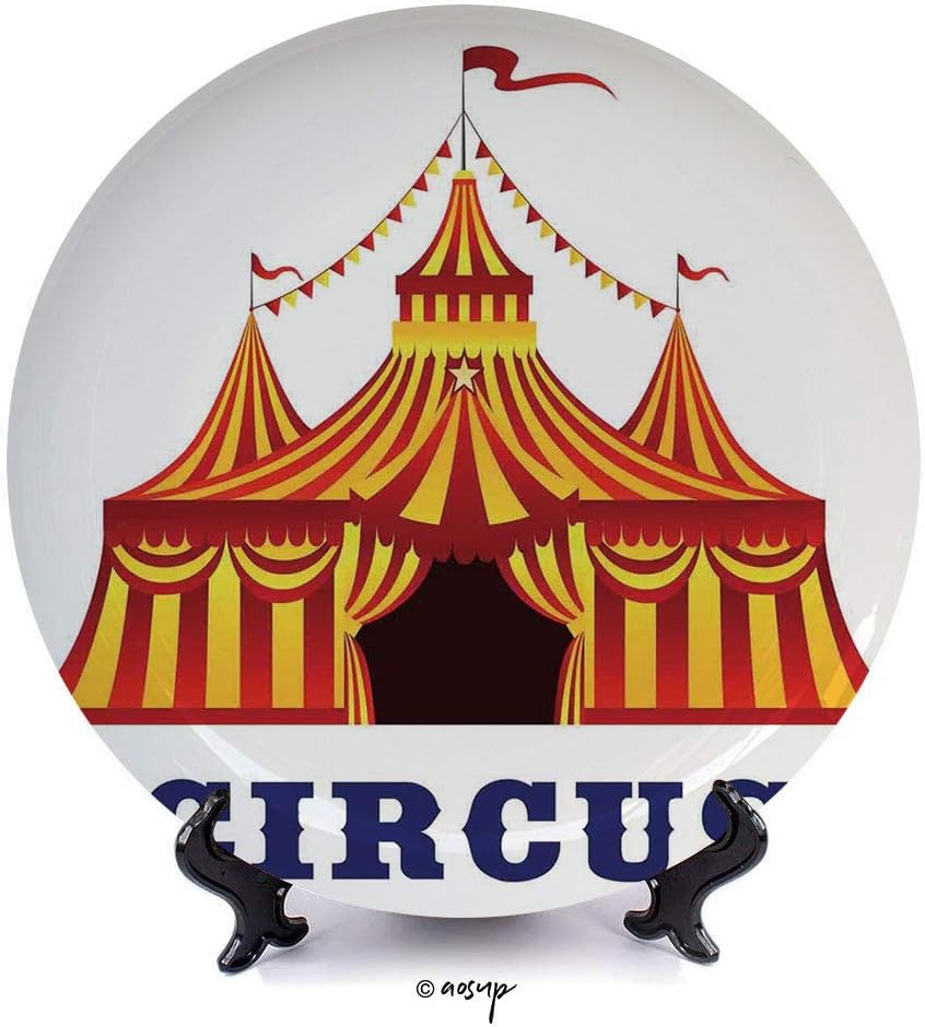 №00642 10" Dinner Plate/ Circus Decor,Illustration Of Old Striped Tent In Retro Style Old Fashion Joy Theater Art Work,Red Yellow White / Decorative Ceramic Decorative Plates,Dining Table Tabletop Hom