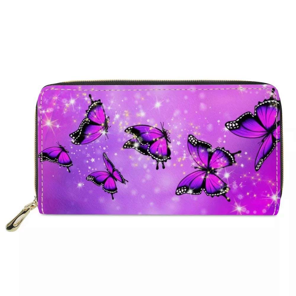 chaqlin Bling Purple Butterfly Wallet for Womens Ladies Gifts Zipper Clutch Bag Cards Coin Holder Phone Case Large Capacity Money Bags