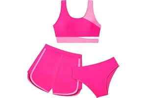 NECIOUS Girls Swimsuit Bikini Set, 3 Piece Girl Bathing Suits Color Block Cutout Swimwear with Shorts Size 7-16