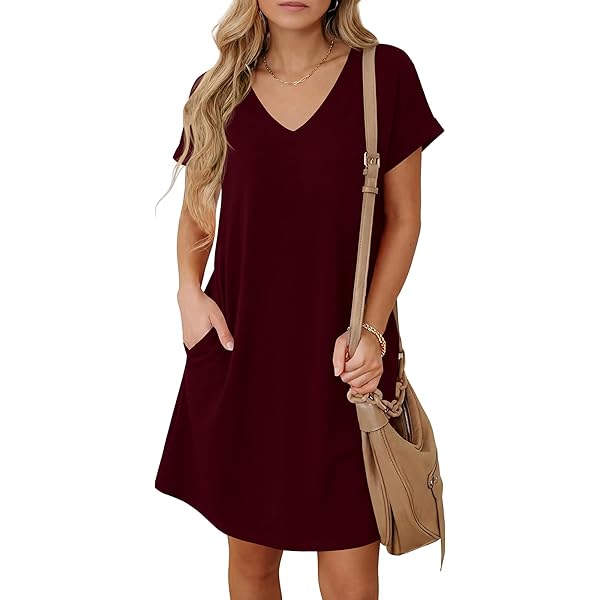 EsEiCo Womens Tee Shirt Dress Solid Round Neck Short Sleeve Tee Summer Dress  Short Tshirt Dress Maroon at Amazon Women's Clothing store