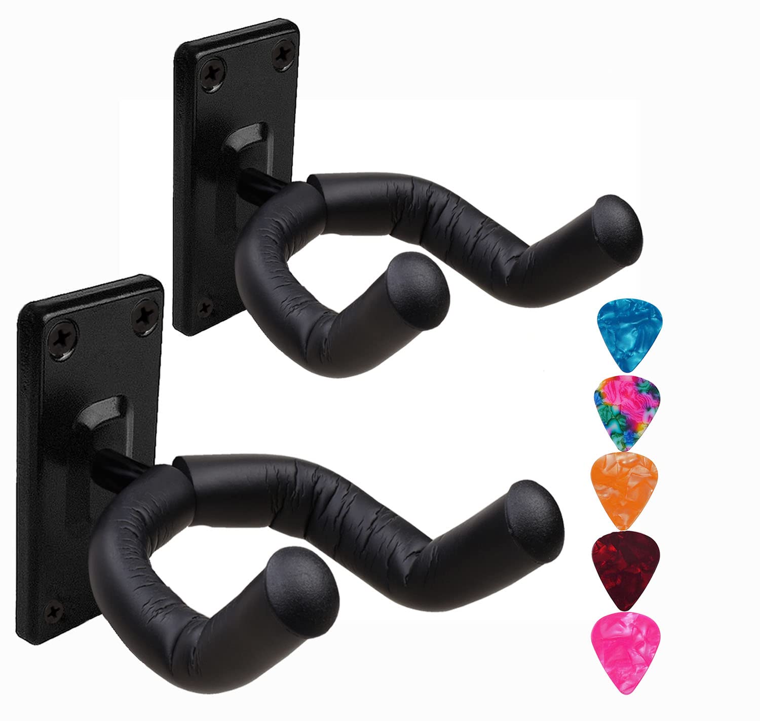PUNK Guitar Wall Mount Hanger, Guitar Hook Holder,Ukulele Wall Mount Hanger,with Picks,for Acoustic Guitar,Classical Guitiar,Bass,Electric Guitar,Ukulele. (2Pack, Black)