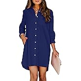 Aoudery Womens Button Down Shirt Dresses with Pockets Cotton Button Up Tunics Long Sleeve Solid High Low Blouse Tops