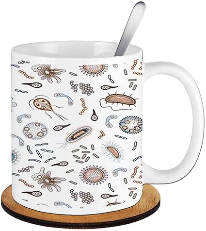 Amazon Co Jp バクテリアウイルスと細菌病 微生物細胞病 健康 マルチカラー セラミックカップ スプーンと丸い木製コースター付き ミルクコーヒーマグ 11オンス 家族へのギフト ホーム キッチン